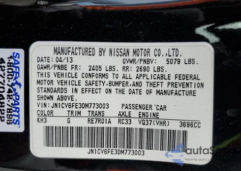 2013 Infiniti G37 Sport z USA, uszkodzony, nr VIN JN1CV6FE3DM773003
